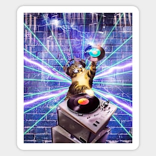 Cat Kitty DJ Turntable, Rave Dance, Laser Lightning, Funny Sticker